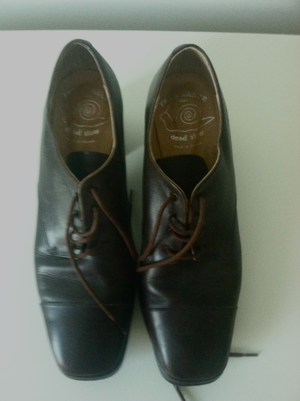 A brown pair of low heeled shoes belonging to Jill